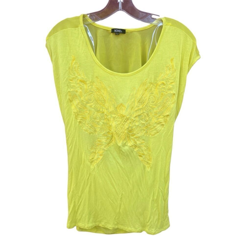 XOXO ￼ embroidered Peek a Boo Back Blouse Sz XL Yellow NWT